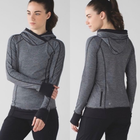 Lululemon Think‎ Fast Hoodie Tonka Stripe Heathered Slate Black / Black Size 8 - Picture 1 of 15